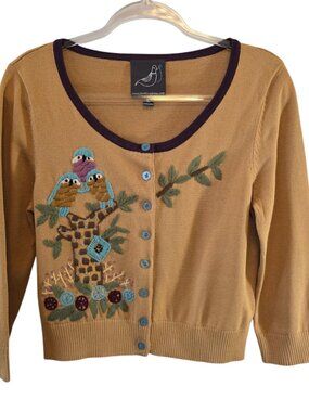 COTTON BLEND CARDIGAN KNITTED DOVE EMBROIDERED WOODLAND DESIGN SIZE LARGE